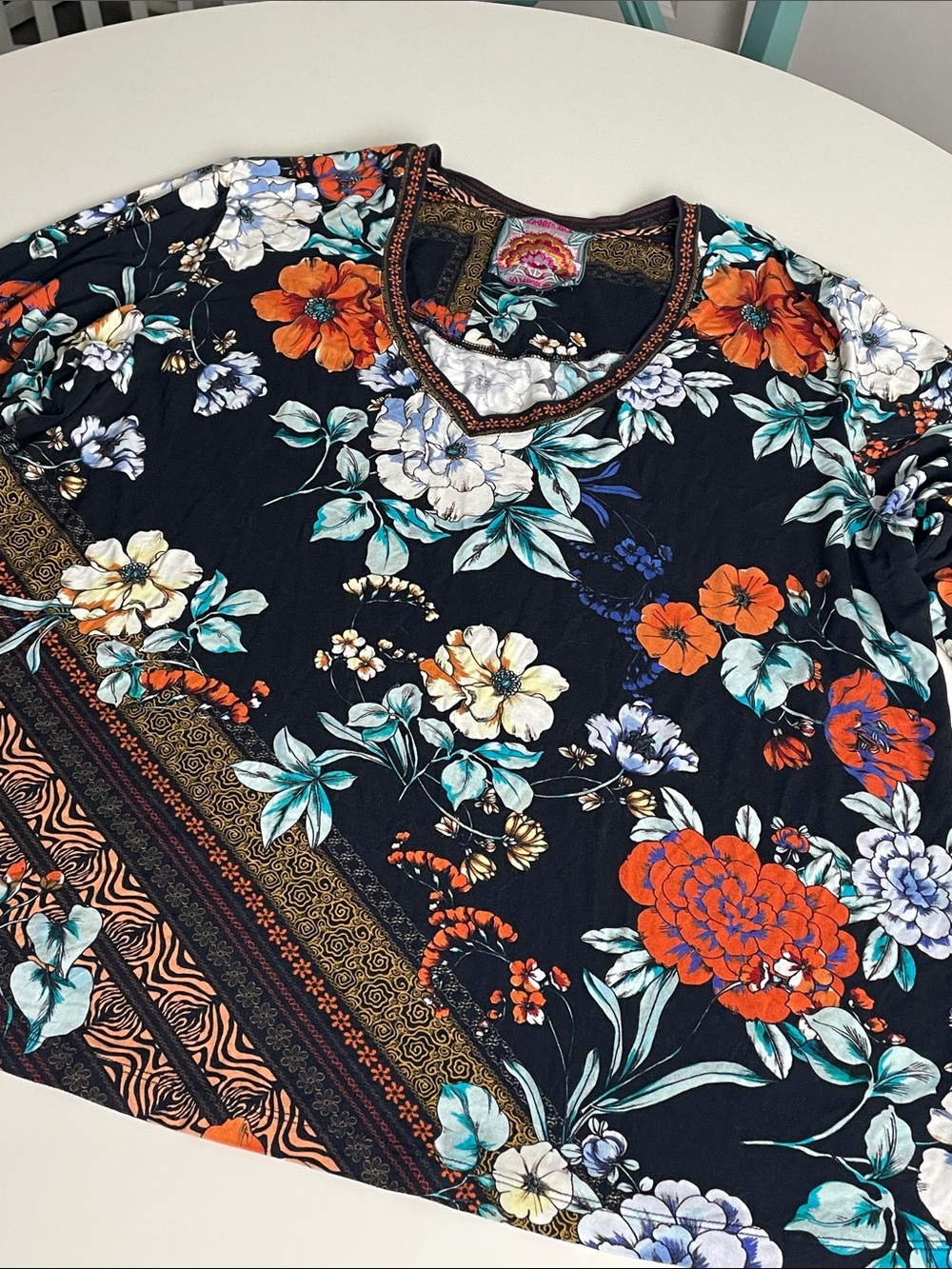 Johnny Was Black Floral V-Neck Blouse with Teal and Orange Accents - Picture 11 of 14